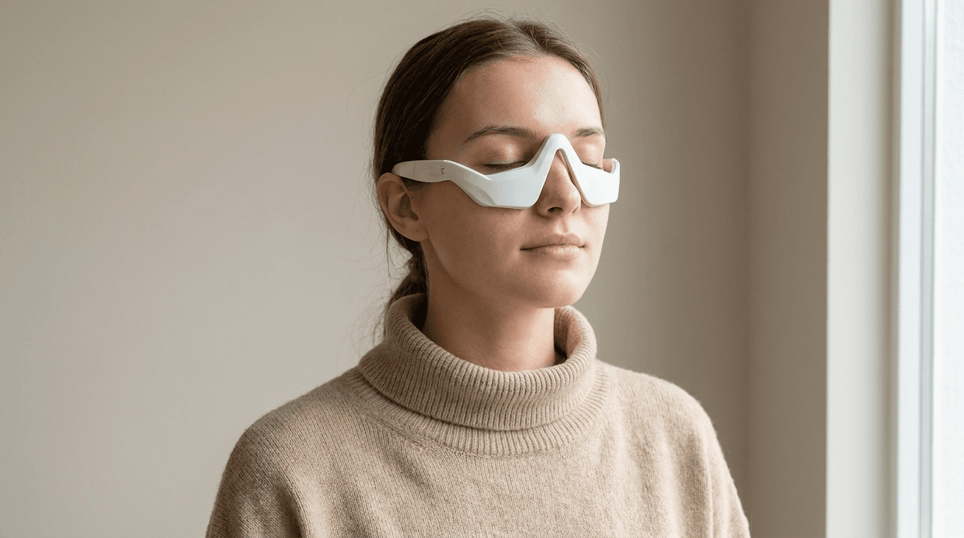 Woman using EyeRevive eye therapy device